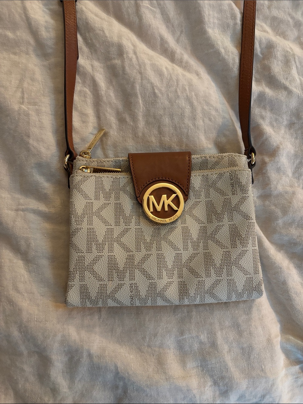 Michael Kors Beige Monogram Crossbody with Brown Leather Trim